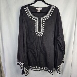 Vintage Silhouettes Embroidered Cotton Tunic Shirt 5X Black Modest Coastal Boho